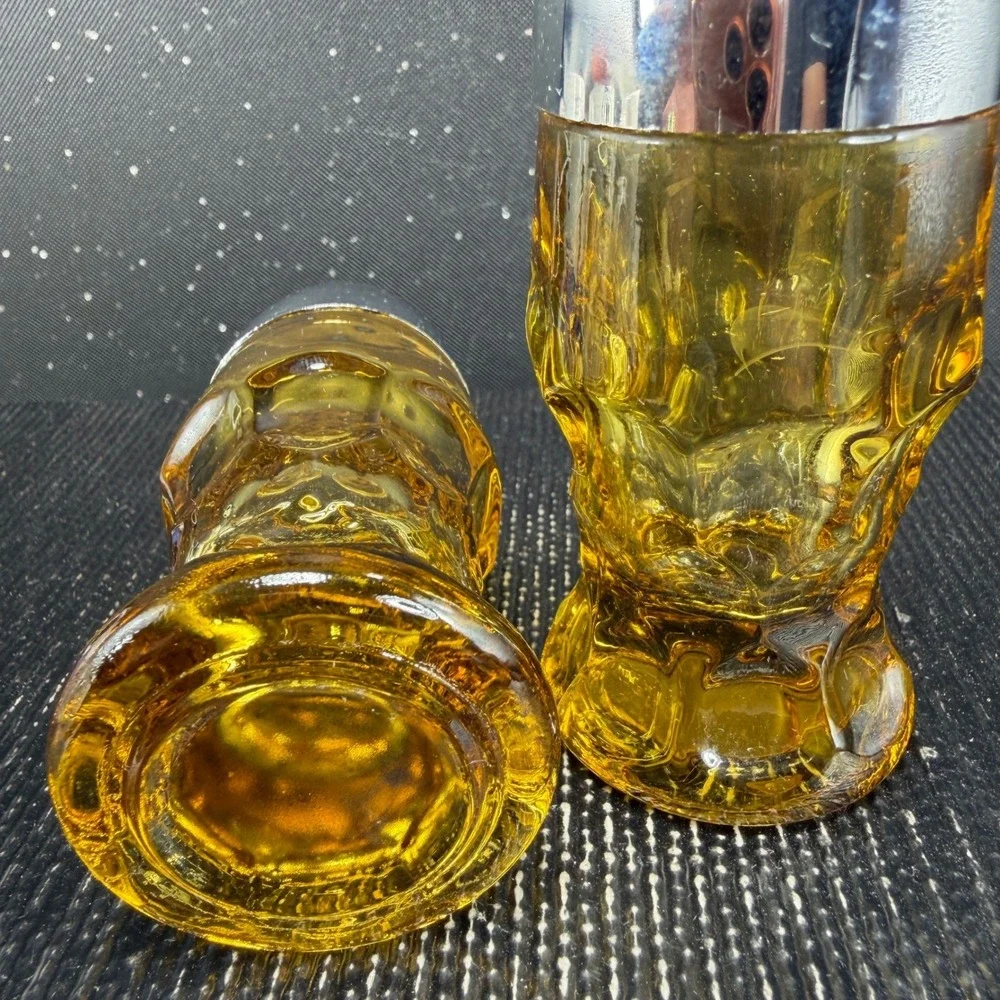 Anchor Hocking Amber Glass Salt and Pepper Shakers Chrome Tops Mid Century